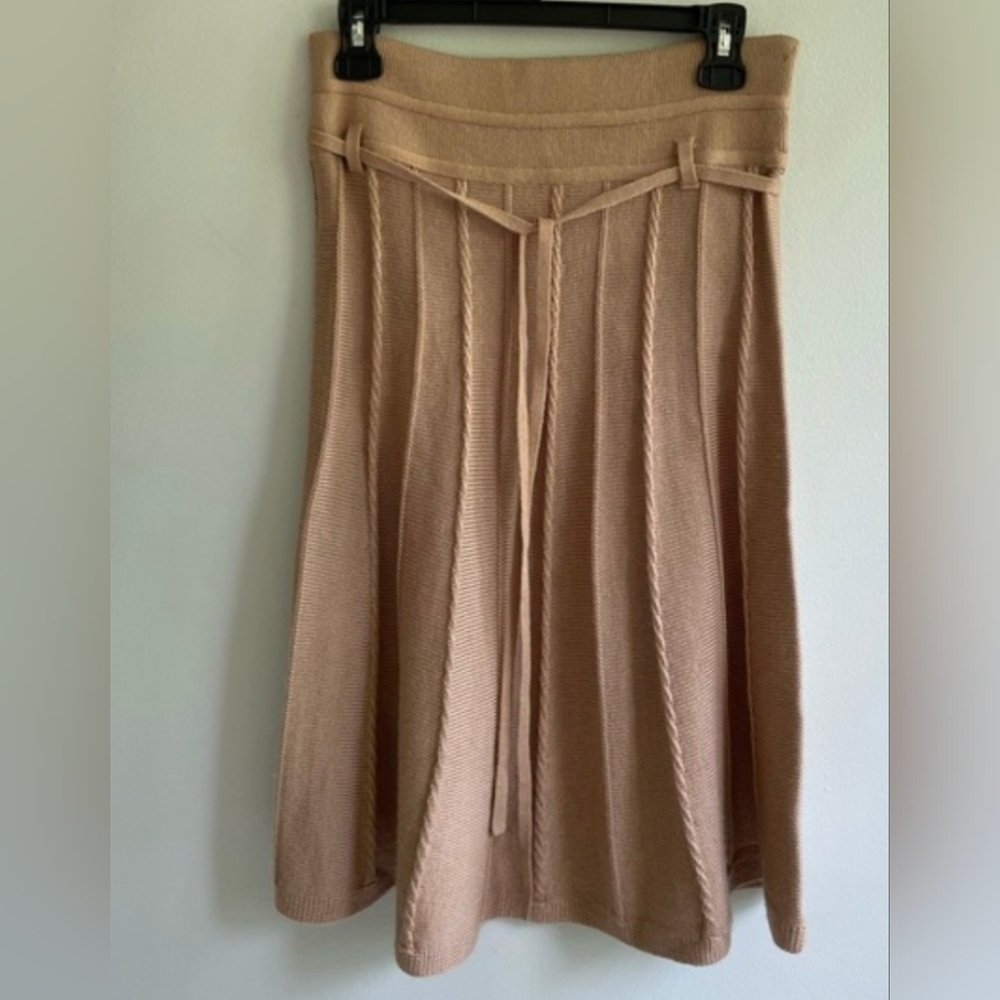 NWT TAN BROWN KHAKI RIBBED KNIT HIGH WAIST FULL SKIRT BELT STRETCH